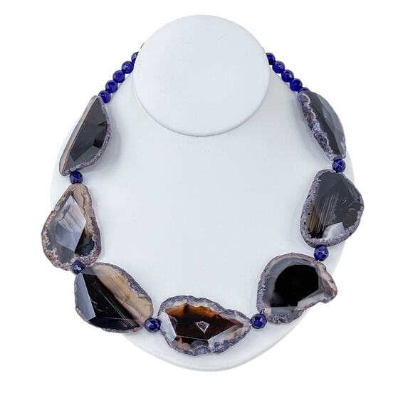 Estate Sterling Silver Black Agate Slice Amethyst Bead Carved Clasp Necklace 21" - Picture 3 of 9